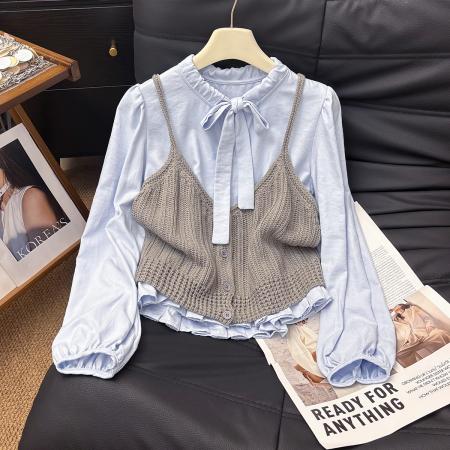 FA48280# 设计感小众蝴蝶结系带长袖衬衫女新款宽松显瘦两件套上衣 服裝批發女裝批發服飾貨源