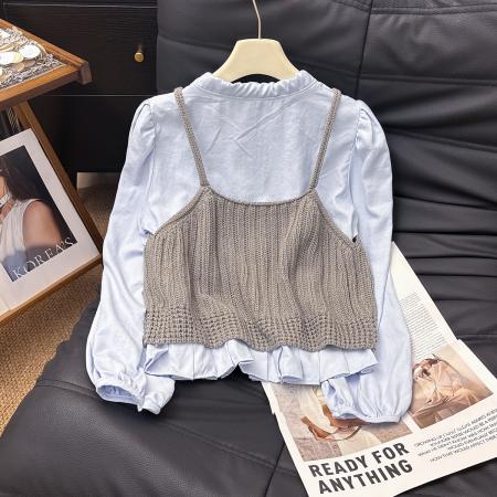 FA48280# 设计感小众蝴蝶结系带长袖衬衫女新款宽松显瘦两件套上衣 服裝批發女裝批發服飾貨源