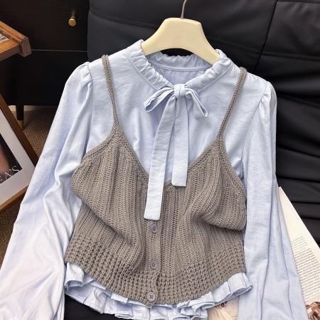 FA48280# 设计感小众蝴蝶结系带长袖衬衫女新款宽松显瘦两件套上衣 服裝批發女裝批發服飾貨源