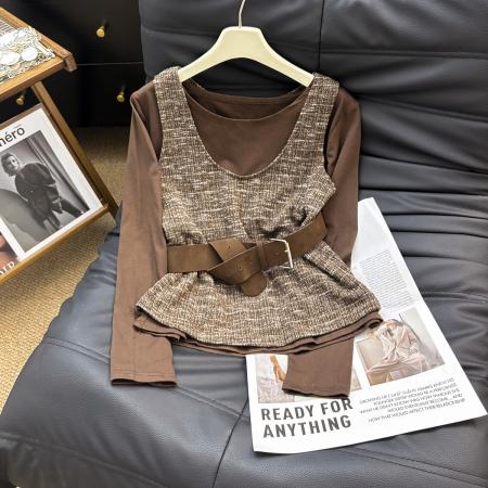 FA48281# 欧洲站秋季新款设计师款小众甜辣撞色羊毛背心两件套长袖T恤 服裝批發女裝批發服飾貨源