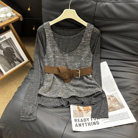 FA48281# 欧洲站秋季新款设计师款小众甜辣撞色羊毛背心两件套长袖T恤 服裝批發女裝批發服飾貨源