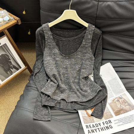 FA48281# 欧洲站秋季新款设计师款小众甜辣撞色羊毛背心两件套长袖T恤 服裝批發女裝批發服飾貨源