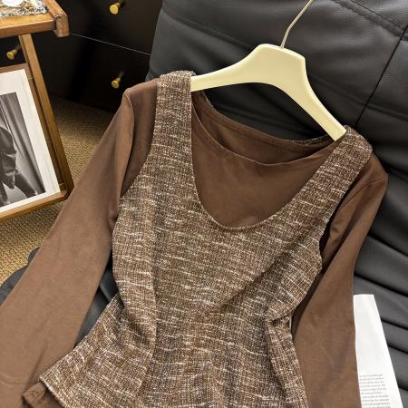 FA48281# 欧洲站秋季新款设计师款小众甜辣撞色羊毛背心两件套长袖T恤 服裝批發女裝批發服飾貨源