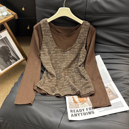 FA48281# 欧洲站秋季新款设计师款小众甜辣撞色羊毛背心两件套长袖T恤 服裝批發女裝批發服飾貨源