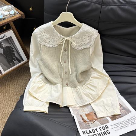 FA48282# 春秋新款法式复古刺绣领拼接衬衫百搭宽松假两件上衣女 服裝批發女裝批發服飾貨源