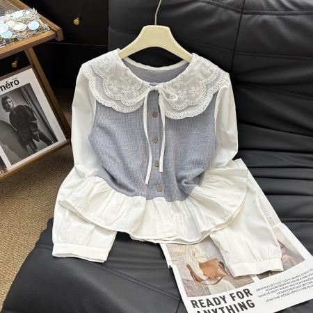 FA48282# 春秋新款法式复古刺绣领拼接衬衫百搭宽松假两件上衣女 服裝批發女裝批發服飾貨源