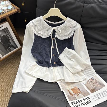 FA48282# 春秋新款法式复古刺绣领拼接衬衫百搭宽松假两件上衣女 服裝批發女裝批發服飾貨源