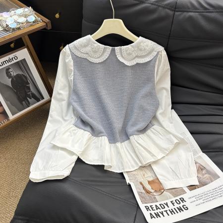 FA48282# 春秋新款法式复古刺绣领拼接衬衫百搭宽松假两件上衣女 服裝批發女裝批發服飾貨源