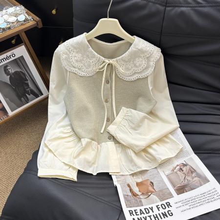FA48282# 春秋新款法式复古刺绣领拼接衬衫百搭宽松假两件上衣女 服裝批發女裝批發服飾貨源