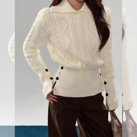 FA48283# 米白色麻花毛衣女新款秋冬季掐腰针织衫内搭可外穿设计感上衣 服裝批發女裝批發服飾貨源