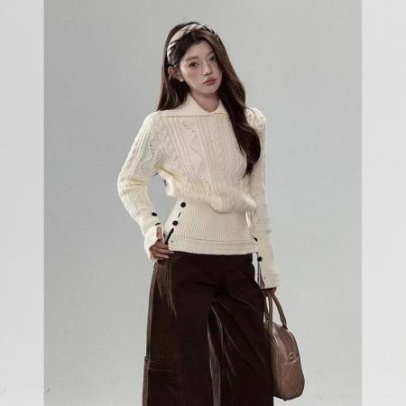 FA48283# 米白色麻花毛衣女新款秋冬季掐腰针织衫内搭可外穿设计感上衣 服裝批發女裝批發服飾貨源