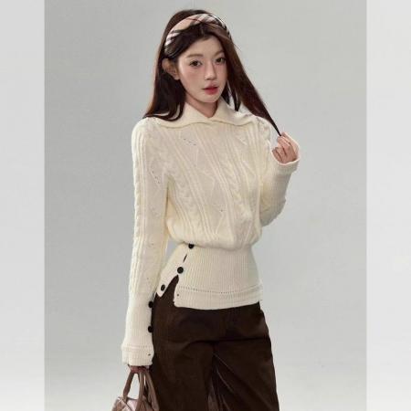 FA48283# 米白色麻花毛衣女新款秋冬季掐腰针织衫内搭可外穿设计感上衣 服裝批發女裝批發服飾貨源