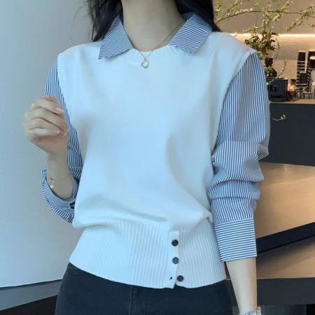 FA48284# 衬衫假两件针织衫上衣女春秋新款长袖拼接条纹撞色设计感小众 服裝批發女裝批發服飾貨源