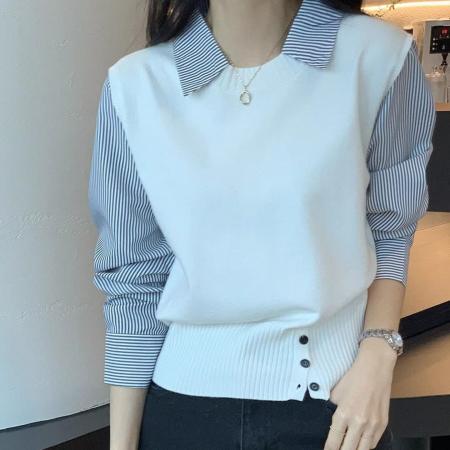 FA48284# 衬衫假两件针织衫上衣女春秋新款长袖拼接条纹撞色设计感小众 服裝批發女裝批發服飾貨源