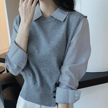 FA48284# 衬衫假两件针织衫上衣女春秋新款长袖拼接条纹撞色设计感小众 服裝批發女裝批發服飾貨源