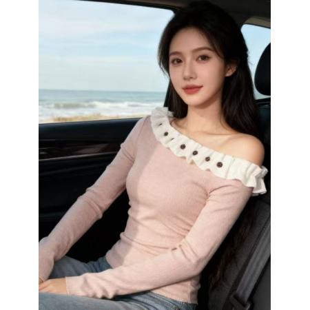 FA48285# 韩系甜美风立体花朵斜肩长袖T恤秋冬新款时尚洋气显瘦上衣 服裝批發女裝批發服飾貨源