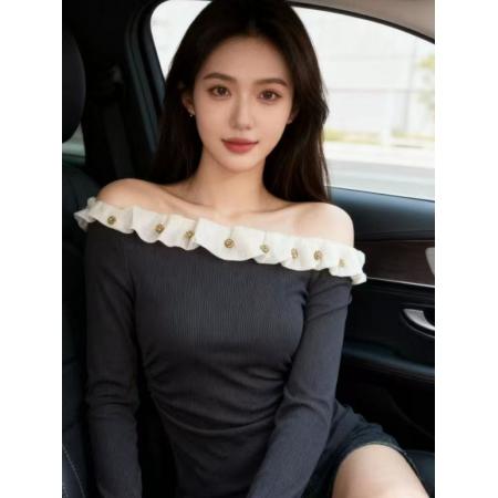 FA48285# 韩系甜美风立体花朵斜肩长袖T恤秋冬新款时尚洋气显瘦上衣 服裝批發女裝批發服飾貨源