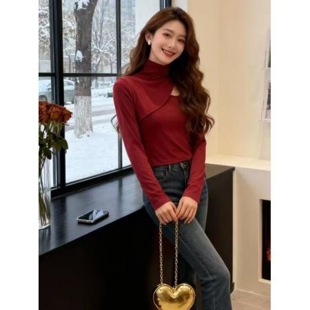 FA48288# 法式辣妹风镂空高领长袖T恤秋冬新款独特小众修身短款上衣 服裝批發女裝批發服飾貨源