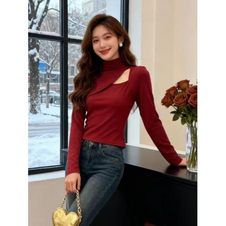 FA48288# 法式辣妹风镂空高领长袖T恤秋冬新款独特小众修身短款上衣 服裝批發女裝批發服飾貨源