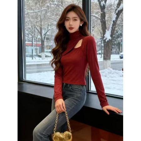 FA48288# 法式辣妹风镂空高领长袖T恤秋冬新款独特小众修身短款上衣 服裝批發女裝批發服飾貨源