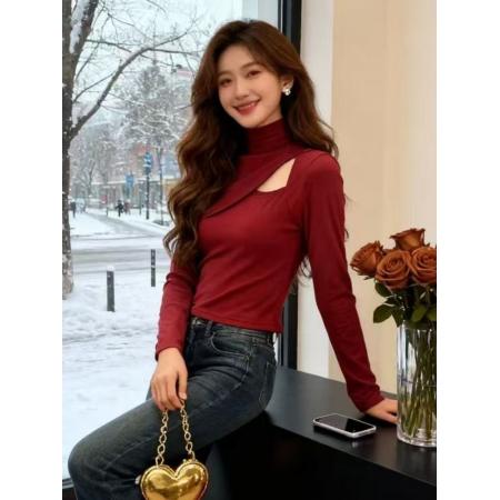 FA48288# 法式辣妹风镂空高领长袖T恤秋冬新款独特小众修身短款上衣 服裝批發女裝批發服飾貨源