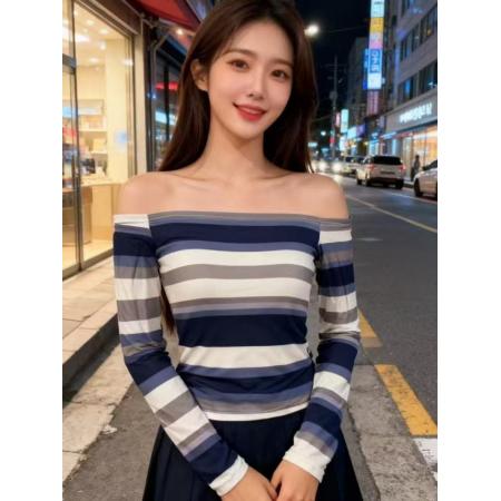 FA48289# 纯欲辣妹撞色条纹一字领长袖T恤秋冬新款时尚收腰修身上衣 服裝批發女裝批發服飾貨源