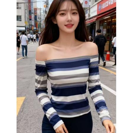 FA48289# 纯欲辣妹撞色条纹一字领长袖T恤秋冬新款时尚收腰修身上衣 服裝批發女裝批發服飾貨源