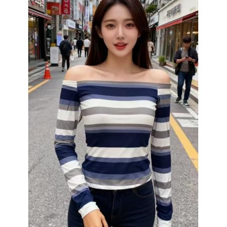 FA48289# 纯欲辣妹撞色条纹一字领长袖T恤秋冬新款时尚收腰修身上衣 服裝批發女裝批發服飾貨源