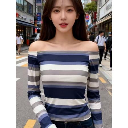FA48289# 纯欲辣妹撞色条纹一字领长袖T恤秋冬新款时尚收腰修身上衣 服裝批發女裝批發服飾貨源