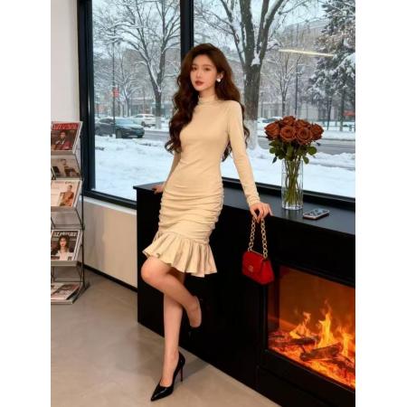 FA48293# 韩系纯欲风立领褶皱花边长袖包臀裙秋冬新款收腰千金感连衣裙 服裝批發女裝批發服飾貨源