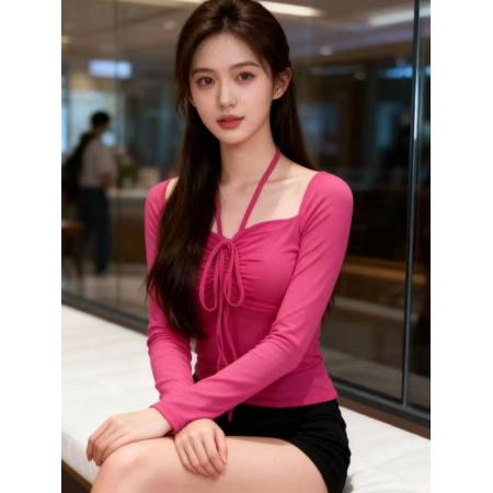 FA48301# 纯欲甜辣风挂脖绑带方领长袖T恤秋冬新款时尚修身显瘦上衣 服裝批發女裝批發服飾貨源