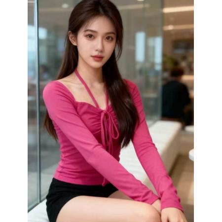 FA48301# 纯欲甜辣风挂脖绑带方领长袖T恤秋冬新款时尚修身显瘦上衣 服裝批發女裝批發服飾貨源