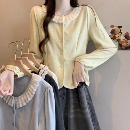 FA48302# 新版法式气质花边圆领长袖开衫上衣 服裝批發女裝批發服飾貨源