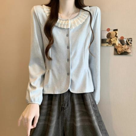 FA48302# 新版法式气质花边圆领长袖开衫上衣 服裝批發女裝批發服飾貨源