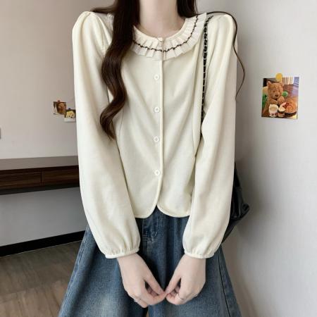 FA48302# 新版法式气质花边圆领长袖开衫上衣 服裝批發女裝批發服飾貨源
