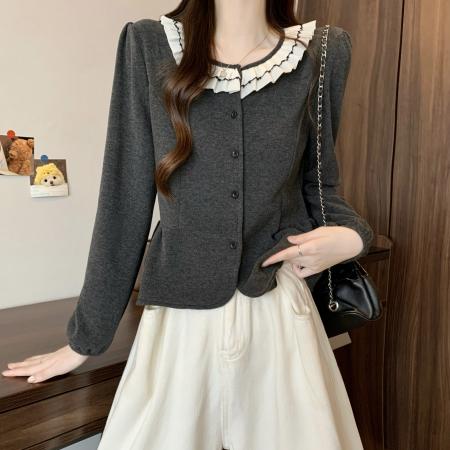 FA48302# 新版法式气质花边圆领长袖开衫上衣 服裝批發女裝批發服飾貨源