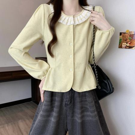 FA48302# 新版法式气质花边圆领长袖开衫上衣 服裝批發女裝批發服飾貨源