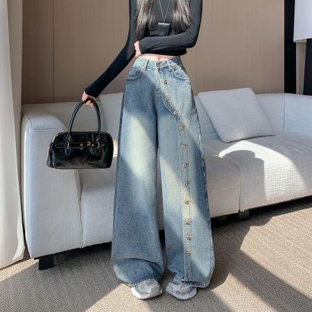 FA48305# 排扣阔腿牛仔...