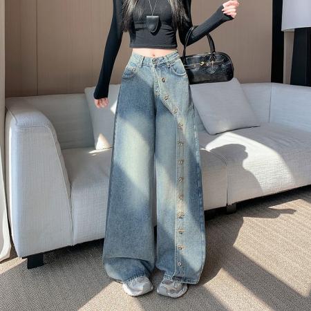 FA48305# 排扣阔腿牛仔裤女秋季新款宽松设计感辣妹百搭直筒裤子 服裝批發女裝批發服飾貨源