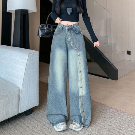 FA48305# 排扣阔腿牛仔裤女秋季新款宽松设计感辣妹百搭直筒裤子 服裝批發女裝批發服飾貨源