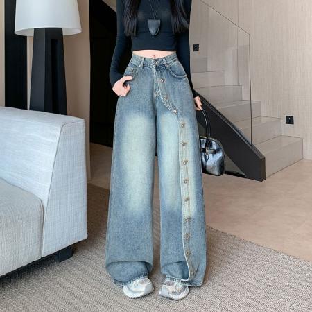 FA48305# 排扣阔腿牛仔裤女秋季新款宽松设计感辣妹百搭直筒裤子 服裝批發女裝批發服飾貨源