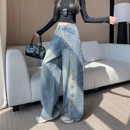 FA48305# 排扣阔腿牛仔裤女秋季新款宽松设计感辣妹百搭直筒裤子 服裝批發女裝批發服飾貨源