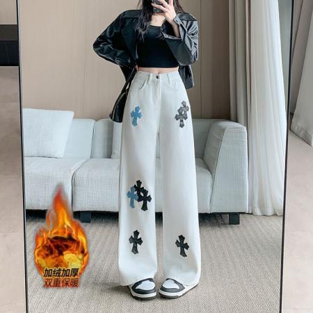 FA48306# 加绒加厚白色贴皮十字架直筒牛仔裤女高腰显瘦阔腿长裤 服裝批發女裝批發服飾貨源