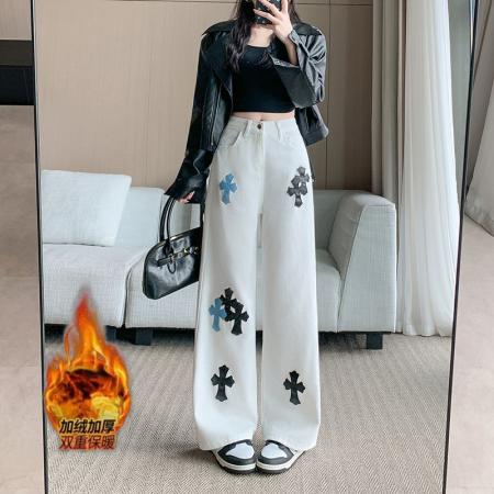 FA48306# 加绒加厚白色贴皮十字架直筒牛仔裤女高腰显瘦阔腿长裤 服裝批發女裝批發服飾貨源