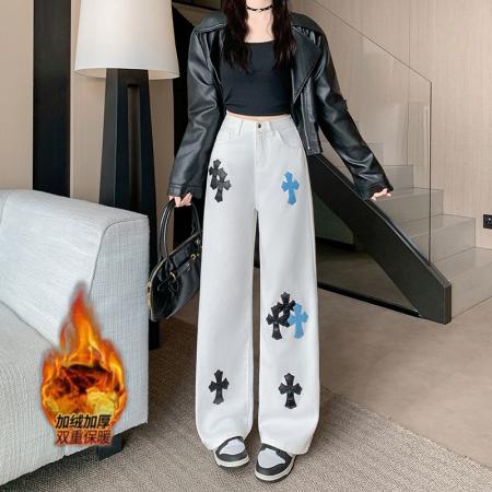 FA48306# 加绒加厚白色贴皮十字架直筒牛仔裤女高腰显瘦阔腿长裤 服裝批發女裝批發服飾貨源