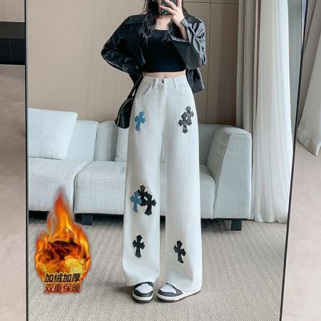 FA48306# 加绒加厚白色贴皮十字架直筒牛仔裤女高腰显瘦阔腿长裤 服裝批發女裝批發服飾貨源