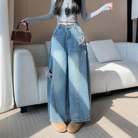 FA48307# 美式复古水洗做旧星星贴布牛仔裤女宽松廓形弯刀阔腿裤 服裝批發女裝批發服飾貨源