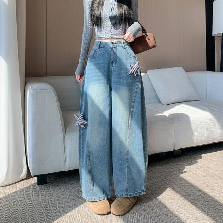 FA48307# 美式复古水洗做旧星星贴布牛仔裤女宽松廓形弯刀阔腿裤 服裝批發女裝批發服飾貨源