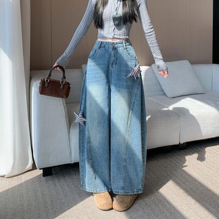 FA48307# 美式复古水洗做旧星星贴布牛仔裤女宽松廓形弯刀阔腿裤 服裝批發女裝批發服飾貨源