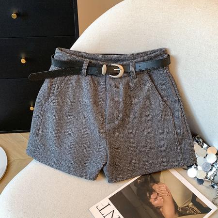 FA48309# 秋冬新款加厚灰色毛呢短裤女高腰显瘦配腰带西装裤阔腿裤热裤 服裝批發女裝批發服飾貨源